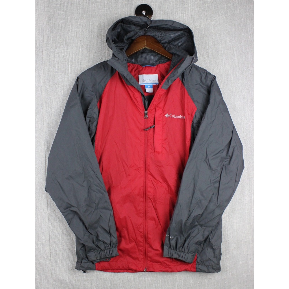Columbia Mens Omni Shield Rain Jacket Red Gray Hooded Mesh Lined Windbreaker S